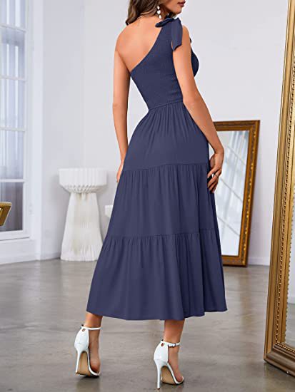 2026 New Summer Fashion Women's One-shoulder Pleated Layered Hem Split Dress